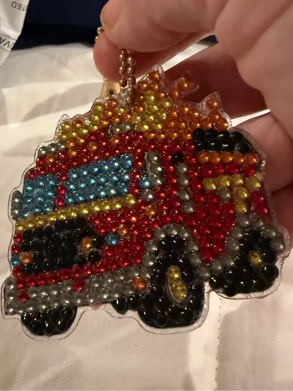 Kids Fire Truck Pendant Necklace - Red and Multicolor Rhinestone Charm